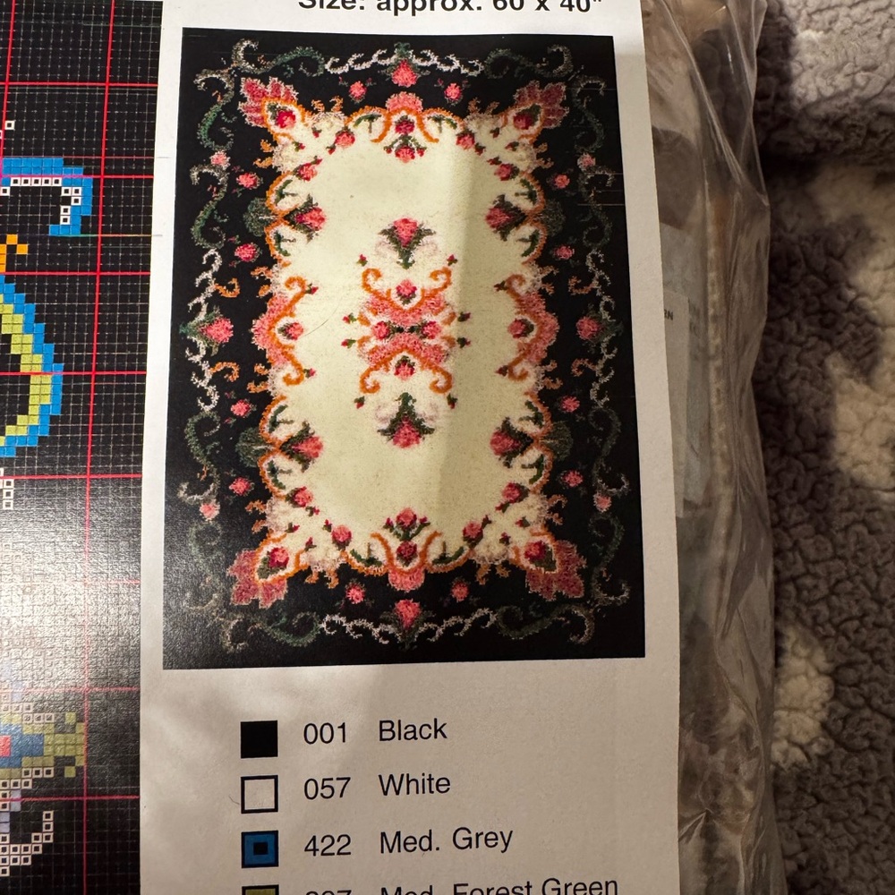 Floral Patterned Rug - Black, White, Pink